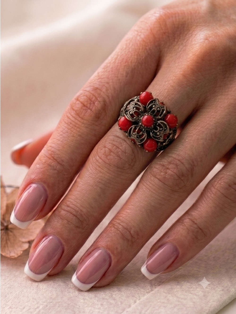 Vintage 1990s Red Beaded Coral Filigree Ring Ornate Statement Retro Dome Cluster